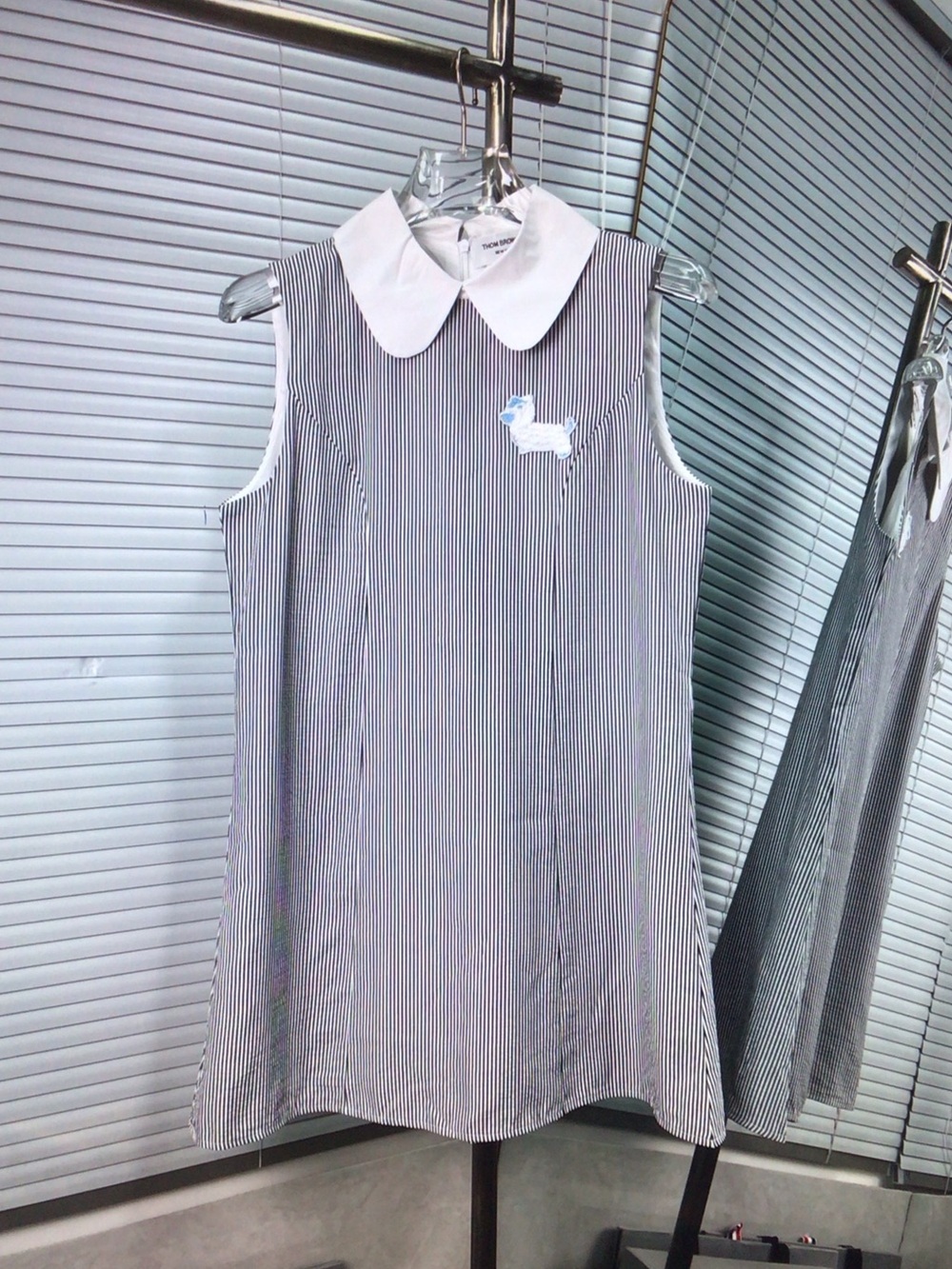 Thom Browne Black-and-White Striped Sleeveless Dress with White Peter Pan Collar